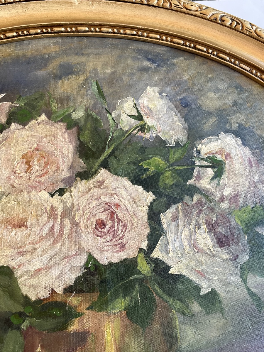 Painting Of A Bouquet Of Roses In A Vase, Oil On Canvas, Circa 1900-photo-2