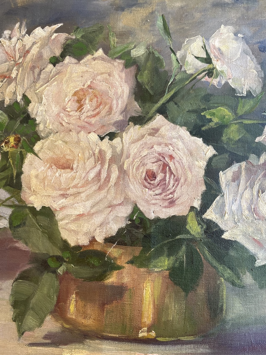 Painting Of A Bouquet Of Roses In A Vase, Oil On Canvas, Circa 1900-photo-3