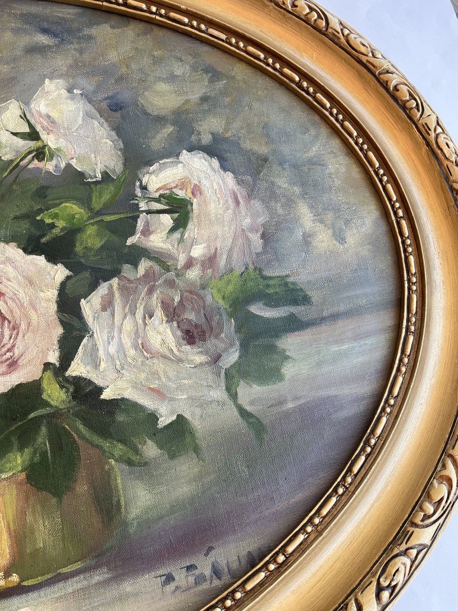 Painting Of A Bouquet Of Roses In A Vase, Oil On Canvas, Circa 1900-photo-4