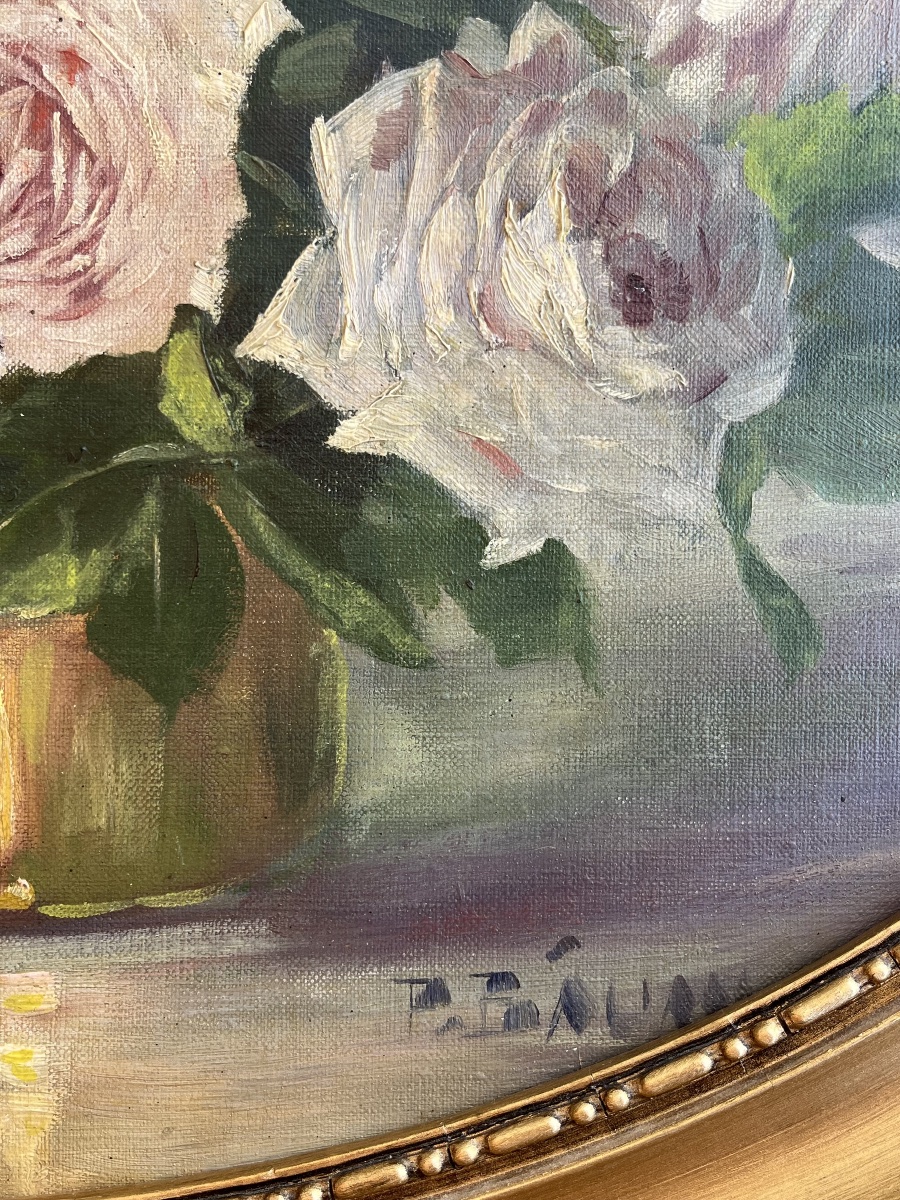 Painting Of A Bouquet Of Roses In A Vase, Oil On Canvas, Circa 1900-photo-6