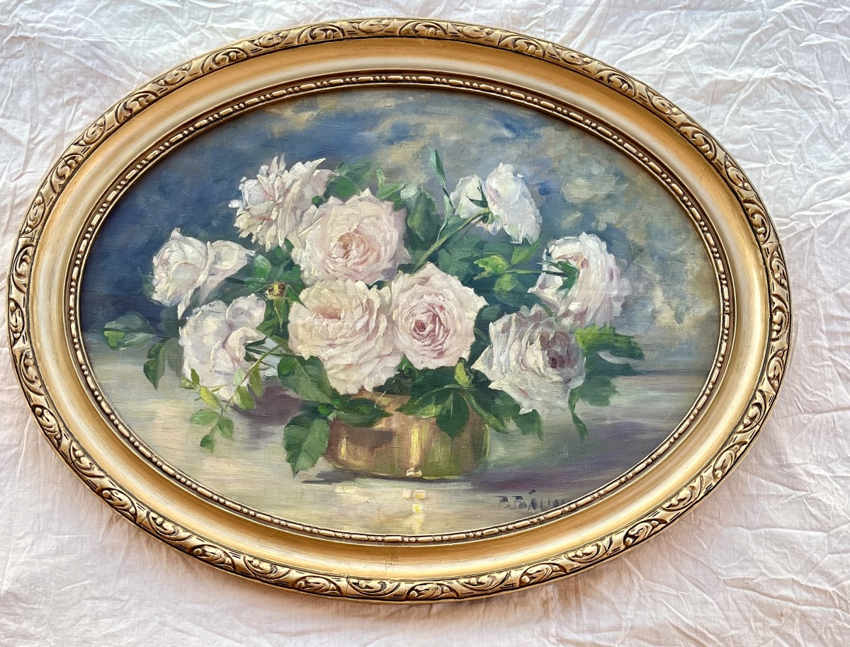 Painting Of A Bouquet Of Roses In A Vase, Oil On Canvas, Circa 1900
