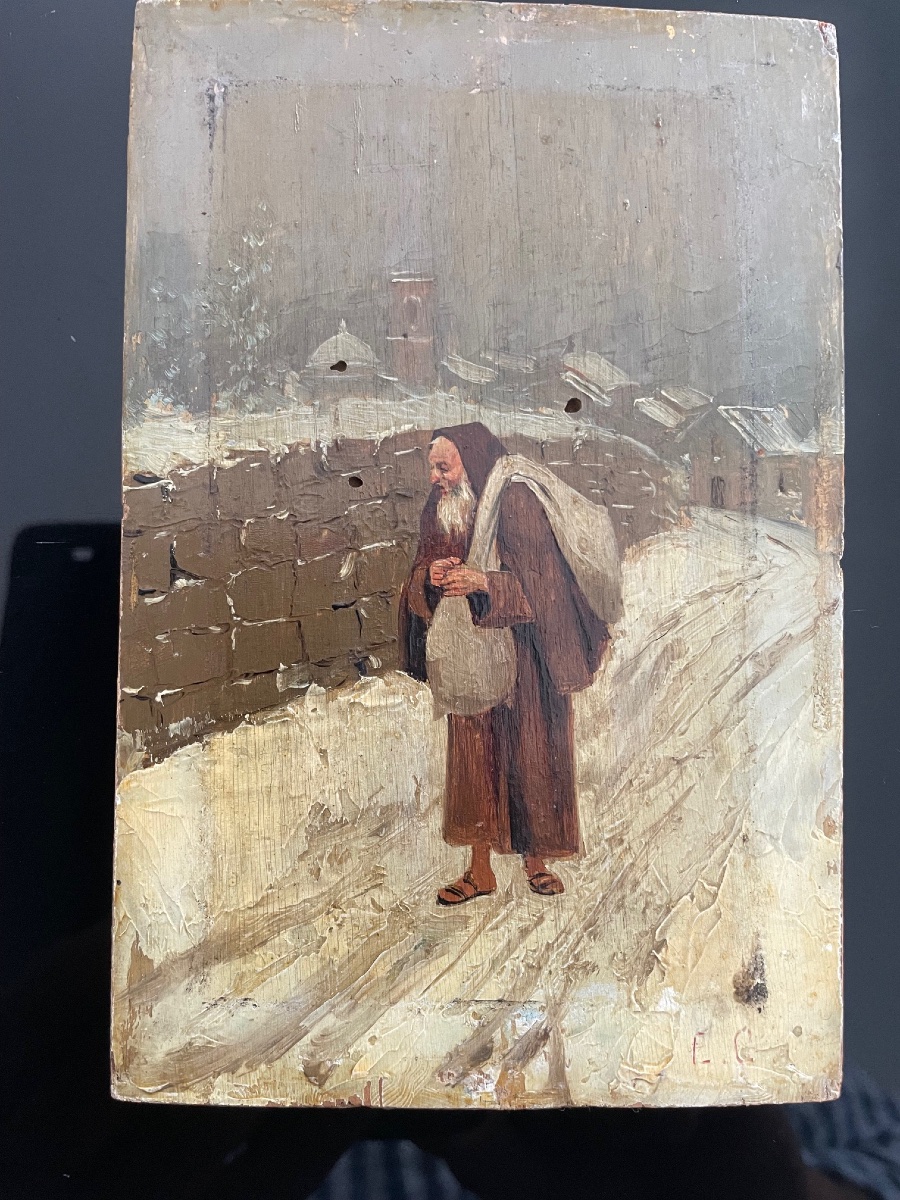 Painting, Monk Walking In The Snow, Hsb, 19th Century-photo-3