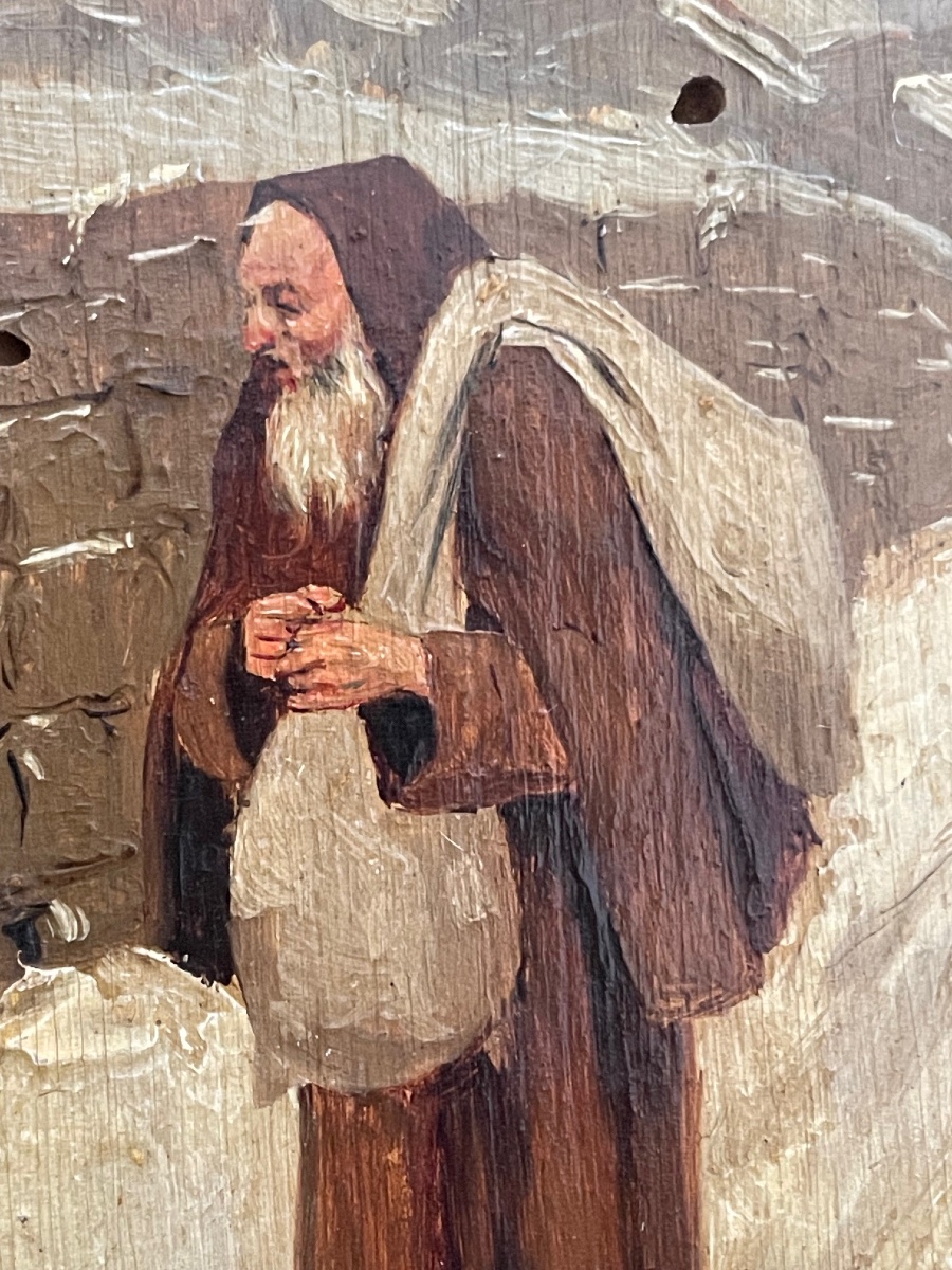 Painting, Monk Walking In The Snow, Hsb, 19th Century-photo-4