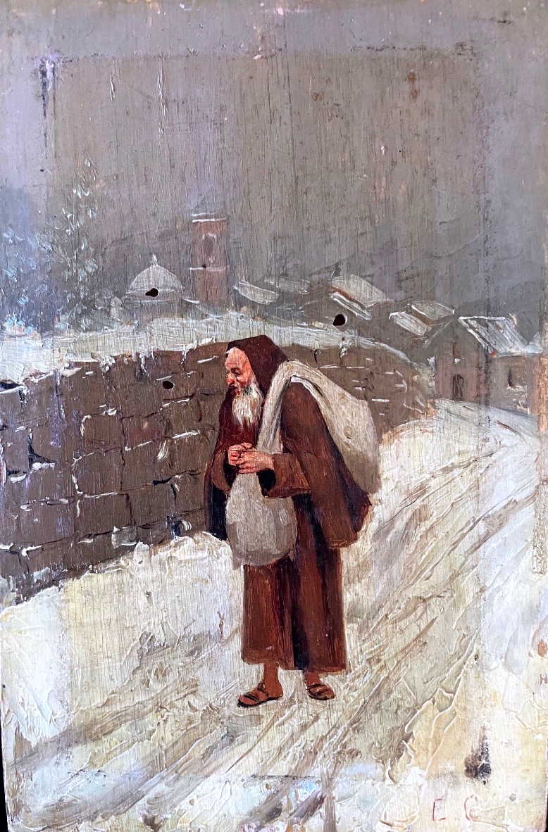 Painting, Monk Walking In The Snow, Hsb, 19th Century