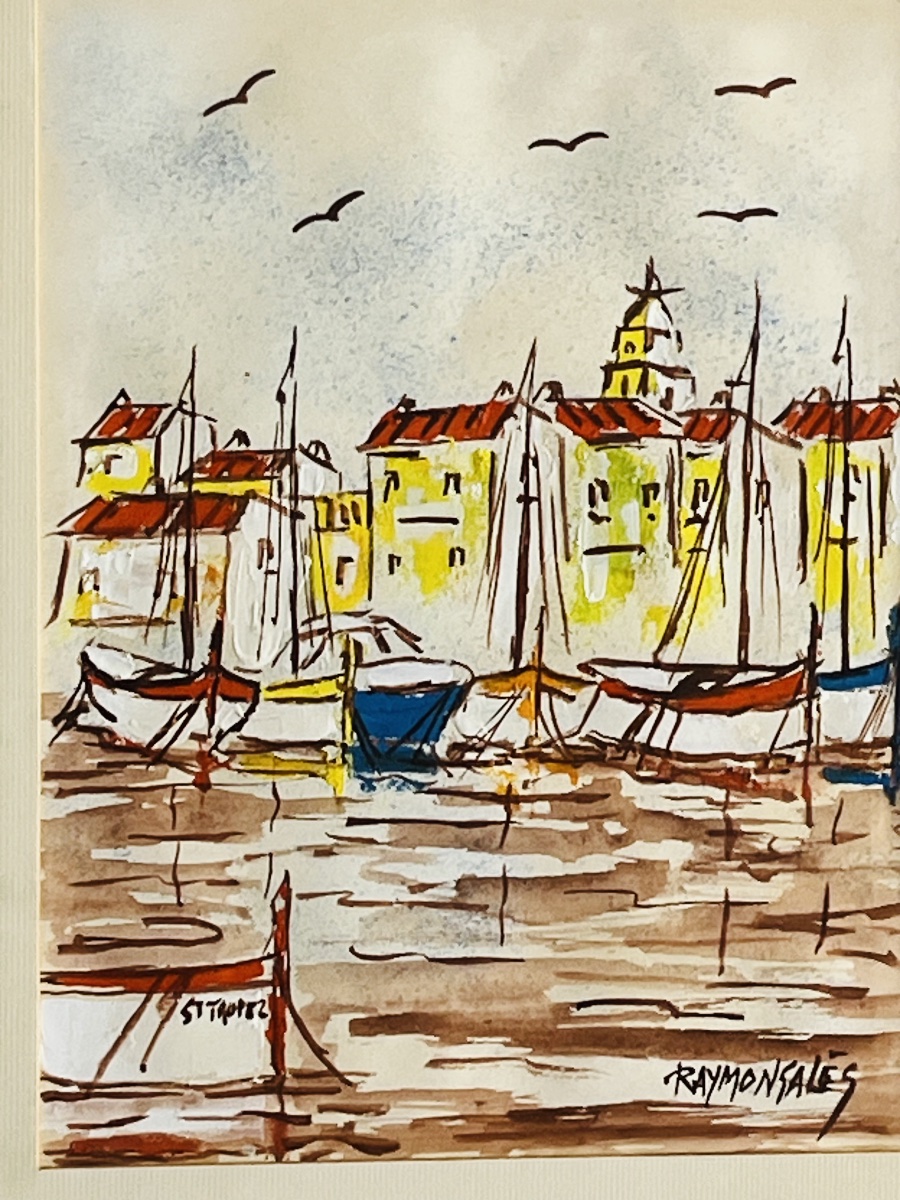 Tableau, vue sur Saint Tropez avec les voiliers,  aquarelle de Raymond Sales-photo-2
