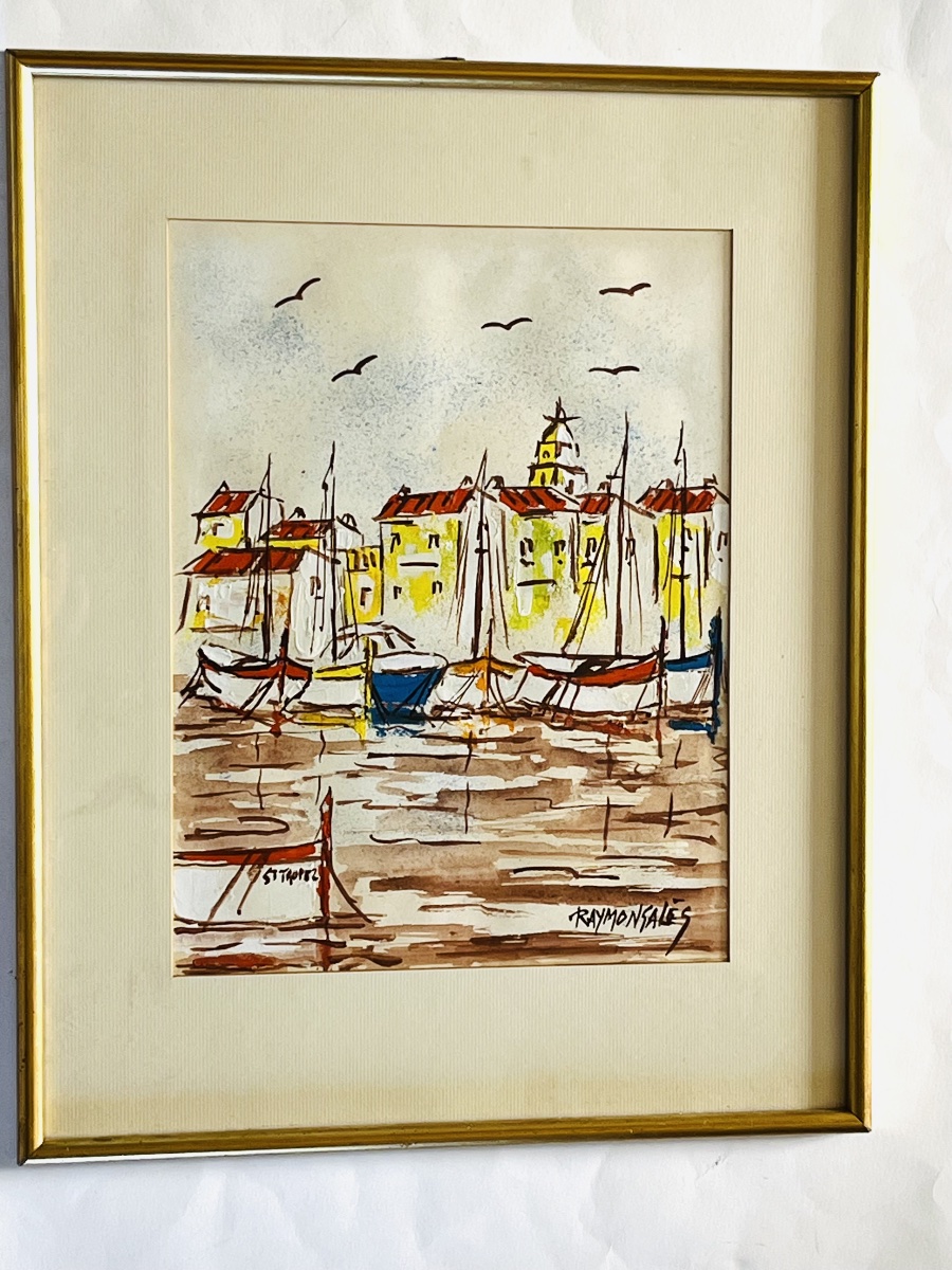 Tableau, vue sur Saint Tropez avec les voiliers,  aquarelle de Raymond Sales-photo-1