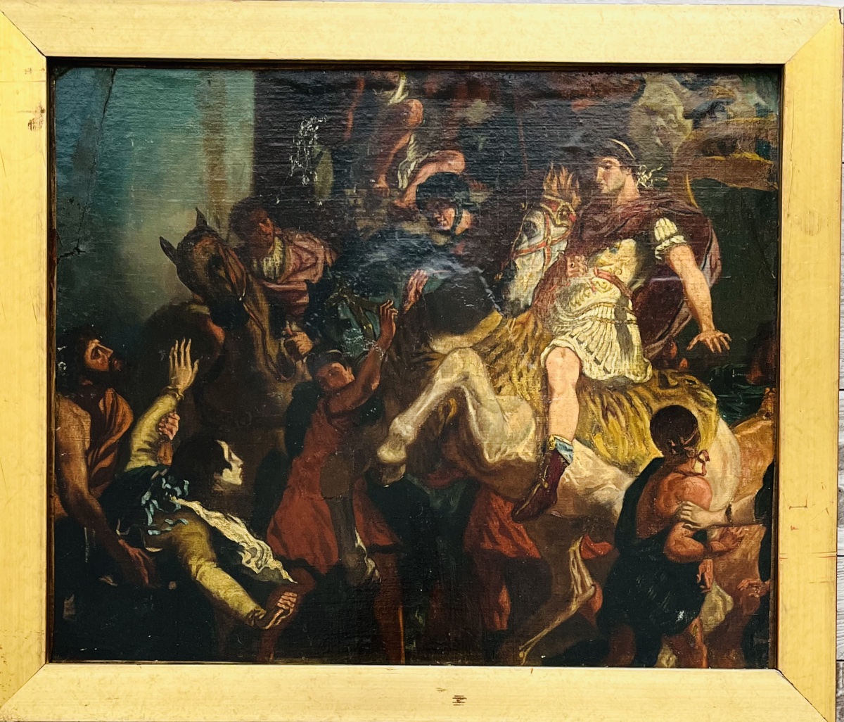 Tableau ancien la justice de Trajan, étude ou élève de style Delacroix XIX eme