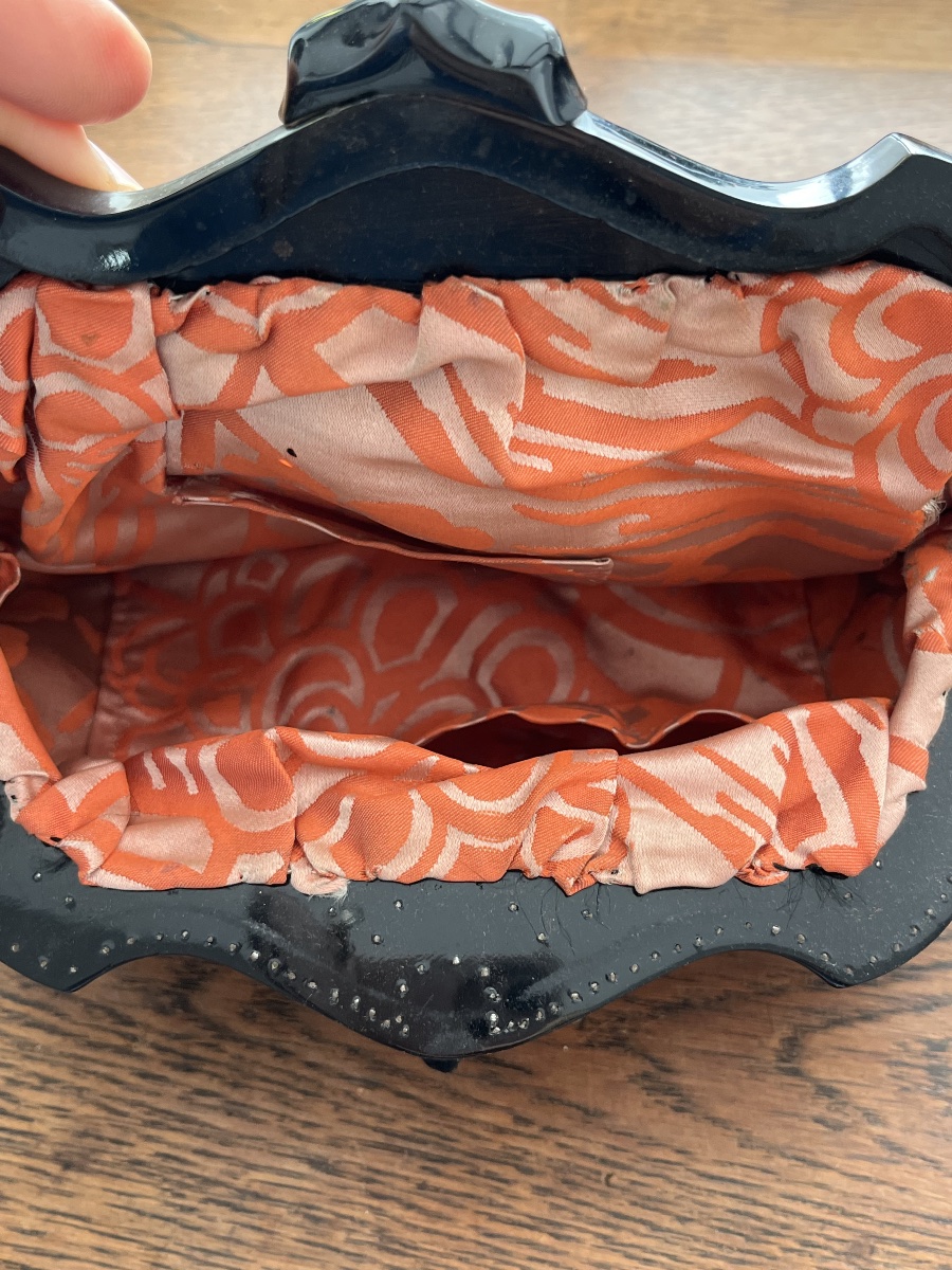 Art Deco Evening Bag Made Of Fabric And Black Bakelite With Iron Beads-photo-4