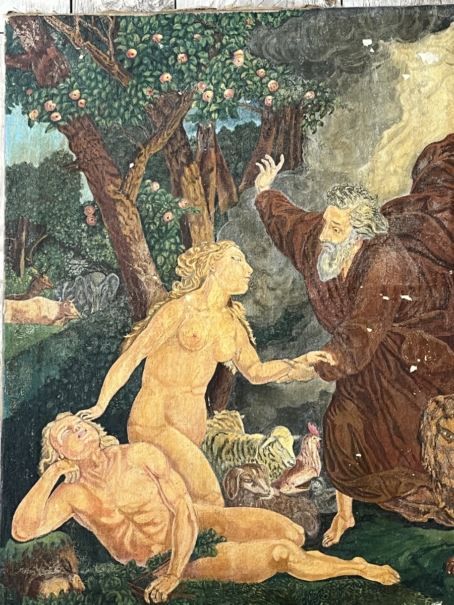 Antique Painting, *the Garden Of Eden* By Hst, Signed, Early 20th Century-photo-2