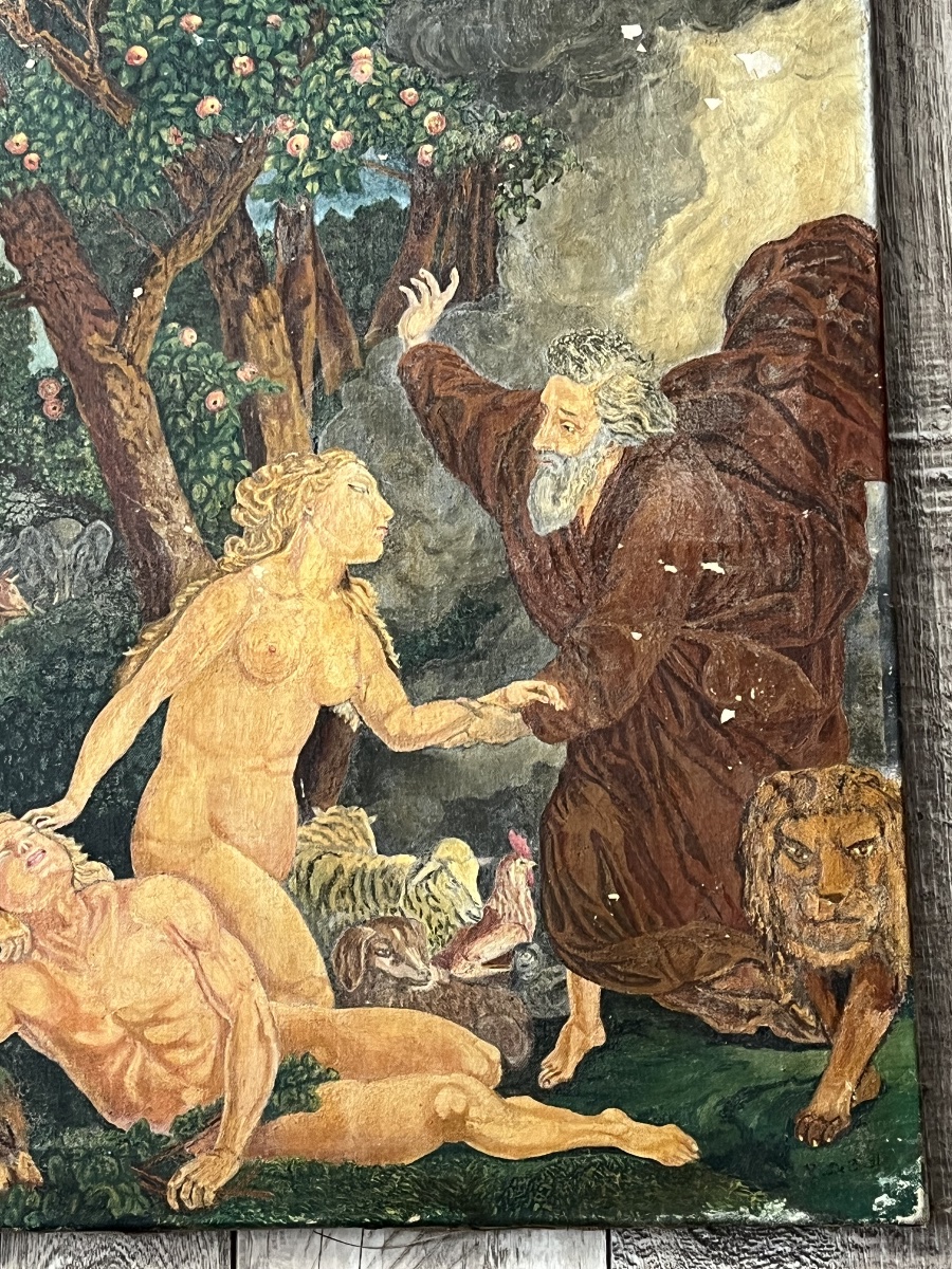 Antique Painting, *the Garden Of Eden* By Hst, Signed, Early 20th Century-photo-3