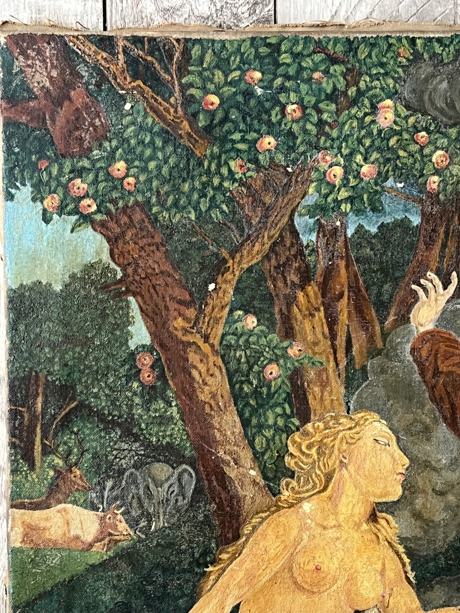 Antique Painting, *the Garden Of Eden* By Hst, Signed, Early 20th Century-photo-4