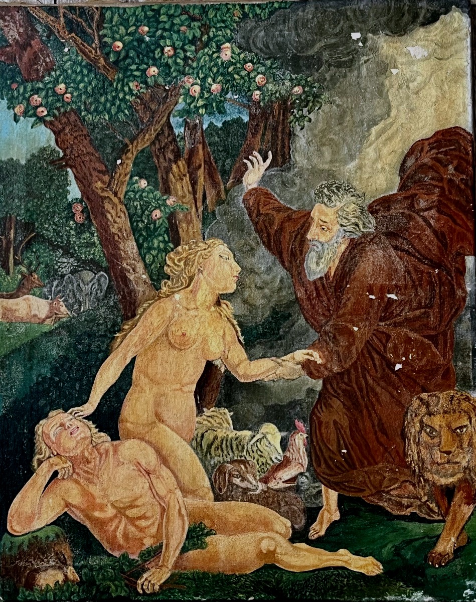 Antique Painting, *the Garden Of Eden* By Hst, Signed, Early 20th Century