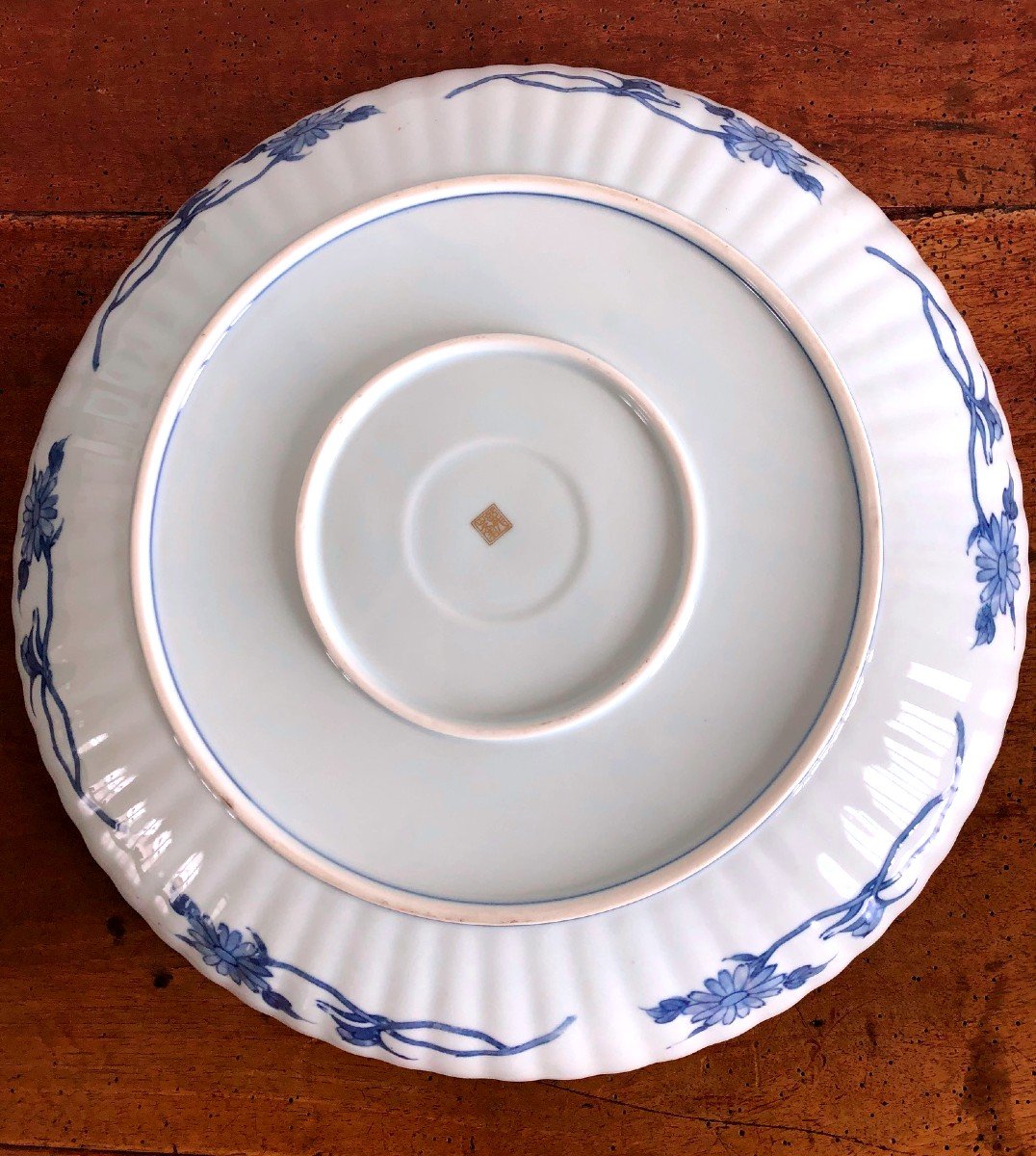 Imari Porcelain Dish With Blue Floral Decor In The Center, Japan-photo-1