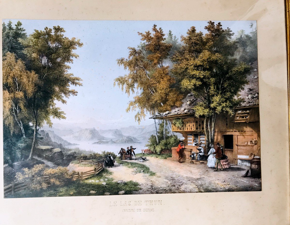 " Vue sur le lac de THUN " canton de Berne, aquatinte vers 1840-1850, de Thénot-photo-2