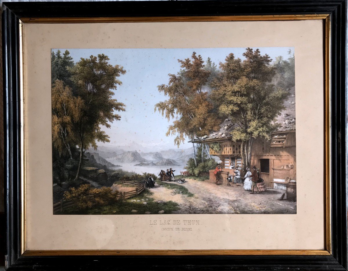 " Vue sur le lac de THUN " canton de Berne, aquatinte vers 1840-1850, de Thénot