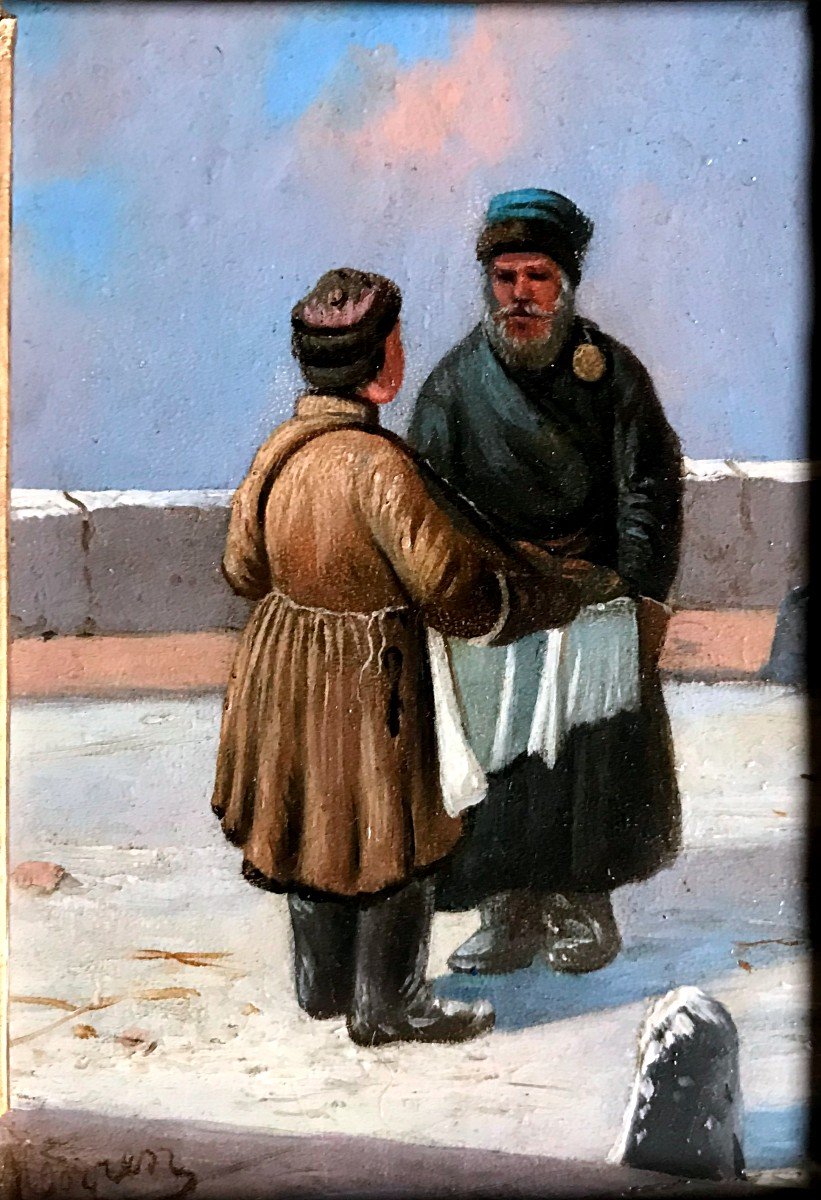 Tableau Russe, Deux Personnages Dans La Neige, Signé, Début XIX ème-photo-2