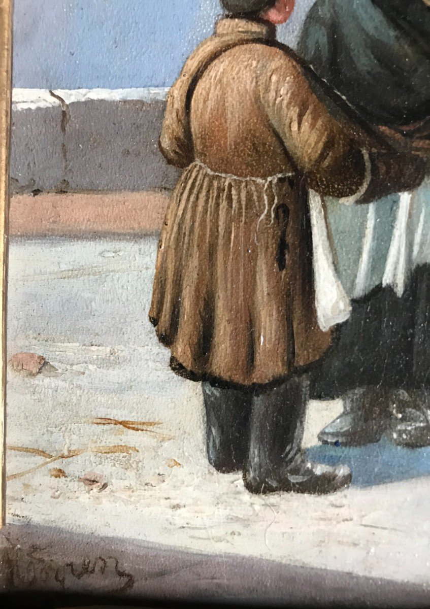 Tableau Russe, Deux Personnages Dans La Neige, Signé, Début XIX ème-photo-3