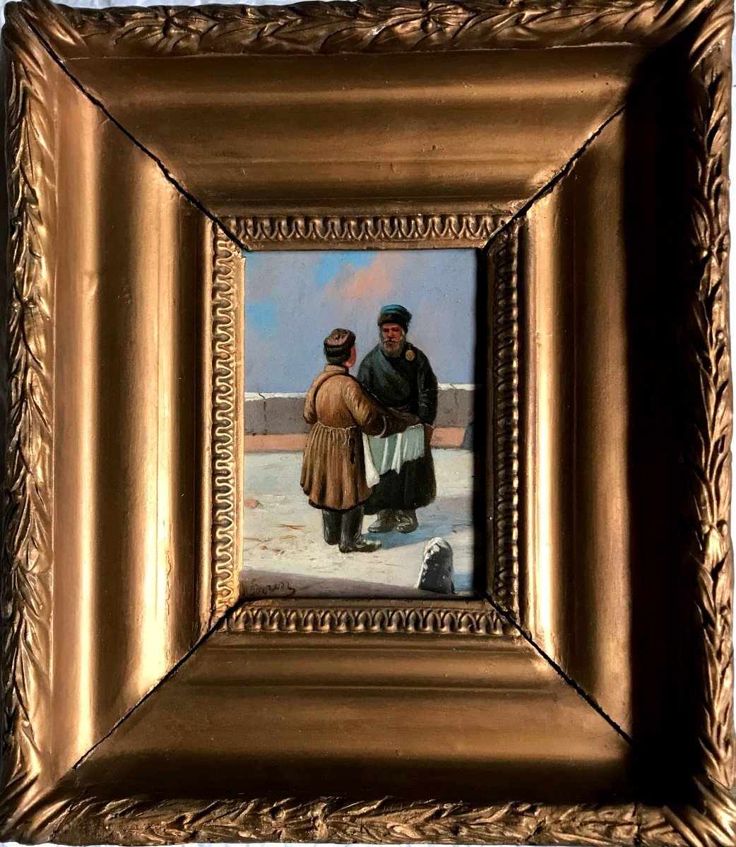 Tableau Russe, Deux Personnages Dans La Neige, Signé, Début XIX ème