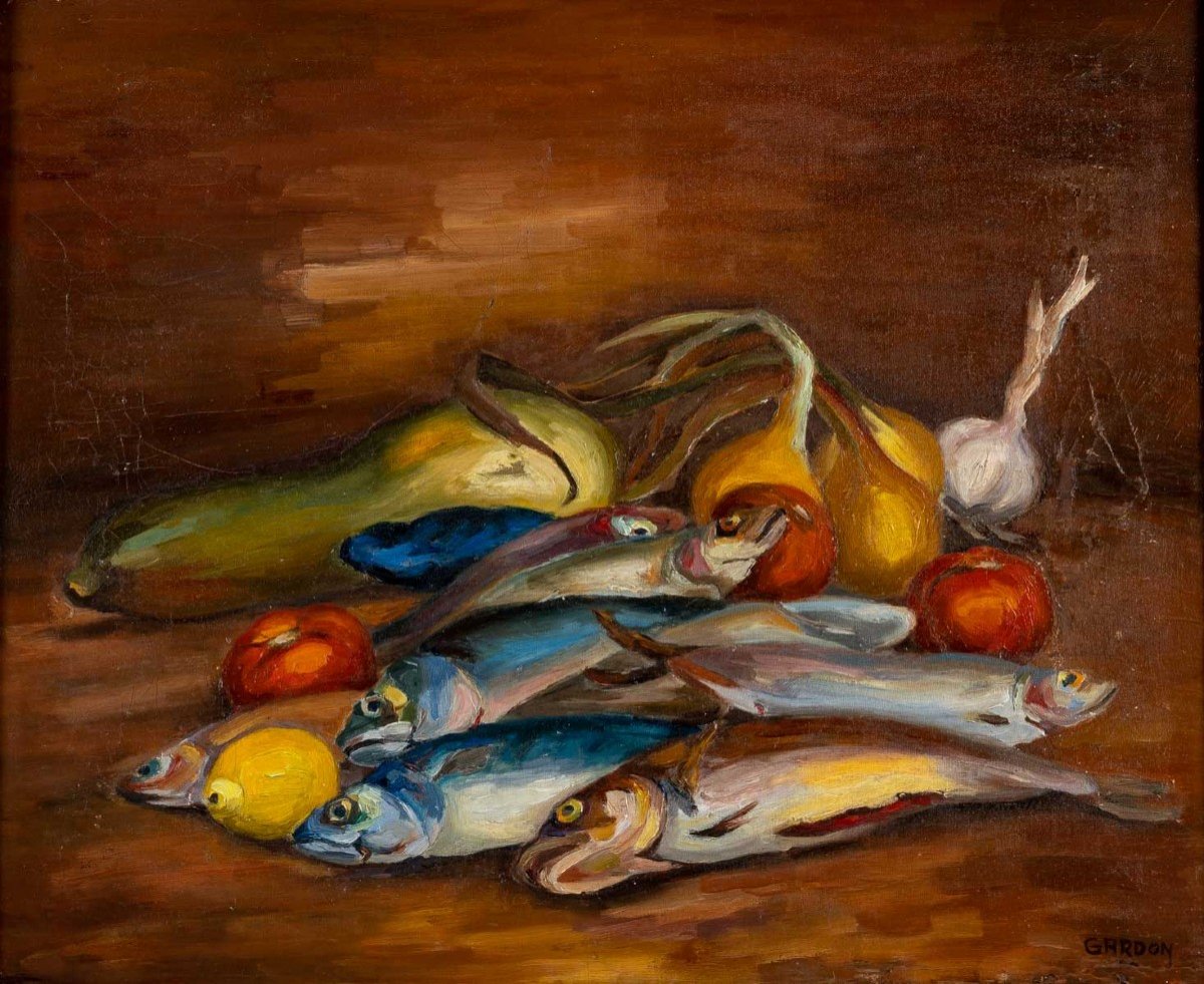 Painting, Still Life With Fish, Signed By Marius Gardon, XXth-photo-2