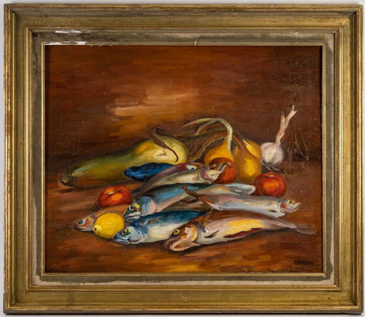 Painting, Still Life With Fish, Signed By Marius Gardon, XXth