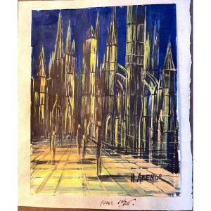 Watercolor By Hélène Azenor, View Of A Cathedral At Night, From 1976