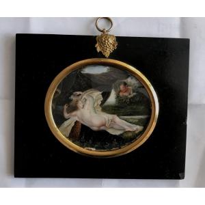 Miniature, Jeune Femme Nue Au Drapé, Daté De 1824, Cadre Noir, époque Début XIX ème
