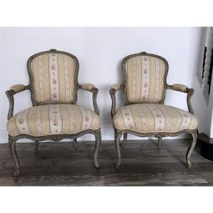 Pair Of Louis XV Armchairs With Gray Patina, Eighteenth Time