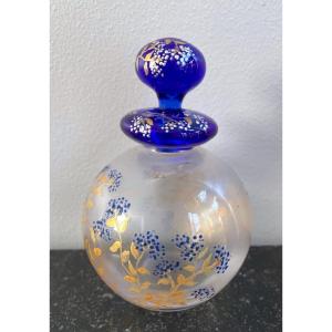 Enameled Glass Perfume Bottle With Flower Decor, Art Nouveau, Signed