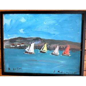 Painting, Sailboats In Normandy, Gouache Signed By Roland Dubuc
