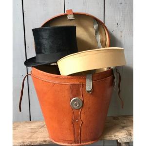 Large Leather Hat Box, From Maison Heckhard With Its Top Hat, 19th Century