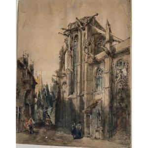 Painting, Watercolor Rouen Cathedral By Victor Edmond Billard, 19th Century
