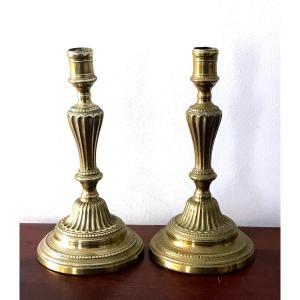 Pair Of Candlesticks In Gilt Bronze, Early 19th Century