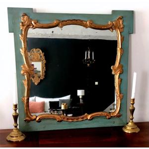 Wooden Fireplace Mirror With Gray Green And Gold Patina, 19th Century 