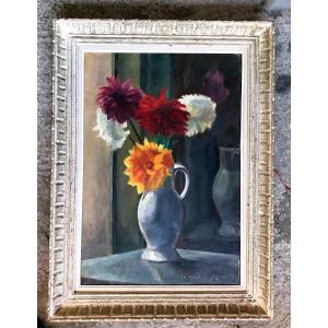 Painting, Bouquet Of Dahlias, Hst, Signed Circa 1950