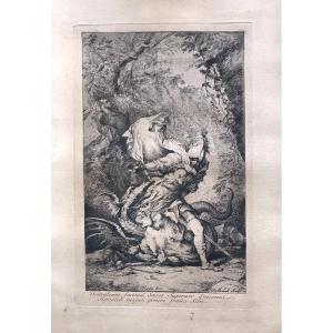 Antique Engraving, Herculaneum Facing The Monster, Signed 