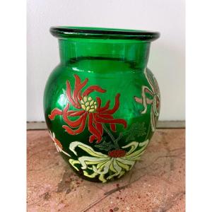 Enamelled Glass Vase Decorated With Dahlias, Montjoye, Art Nouveau 