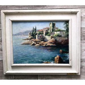 Painting, View Of La Napoule, Oil On Wood, Framed