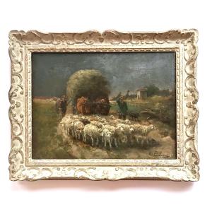 Tableau, troupeau de moutons et charrette de foin tirée par des bœufs signé de M. Coulaud XIXem