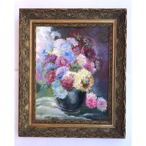 Tableau, dahlias dans un vase, huile signée de Stuck Frinot et encadrée 
