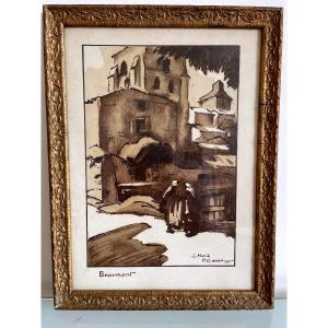 Tableau,paysage animé situé à Beaumont ( Puy de Dôme)de Perouse José Maria