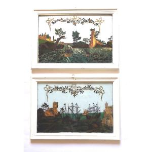 Pair Of Fixed Paintings Under Glass With Boats, 19th Century 