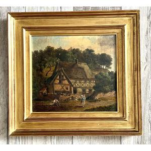 Old Painting, The Farmyard, Oil On Wood, 19th Century