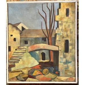 Painting, View Of Arcegno, Switzerland, Oil On Canvas, Signed 1966