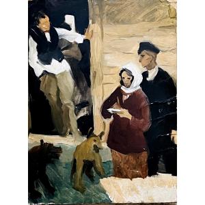 Tableau , la discussion devant la maison, hsc vers 1940/50