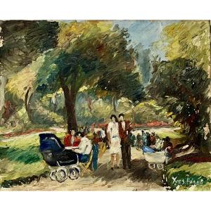 Tableau , promenade au parc, Hst signée de Yves Bécon (1904-2007)