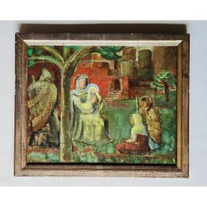 Tableau ,intérieur de couvent animé Hst signée Alice Perrenoud peintre Neuchâtelois 
