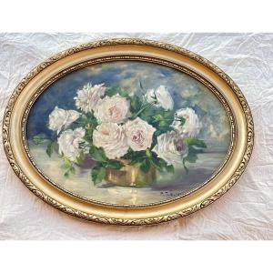 Painting Of A Bouquet Of Roses In A Vase, Oil On Canvas, Circa 1900