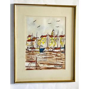 Painting, View Of Saint-tropez With Sailboats, Watercolor By Raymond Sales