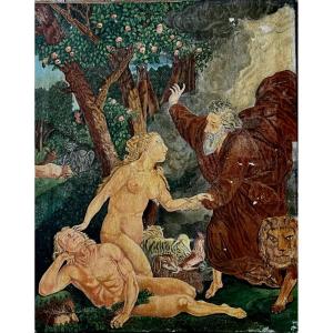 Antique Painting, *the Garden Of Eden* By Hst, Signed, Early 20th Century