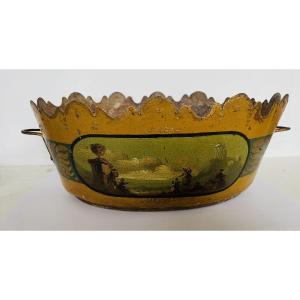 A Painted Sheet-metal Cooler Depicting A Lively Scene On An Ochre Background, Early 19th Century